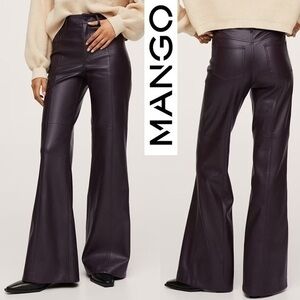Mango NWT Faux Leather Purple Wine Wide High Waist Flare Pants EU 46 US L (14)